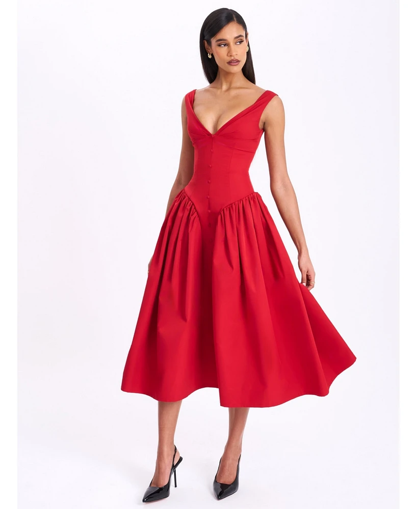 Miss Circle Women's Nahla Red Drop Waist Midi Dress with Buttons