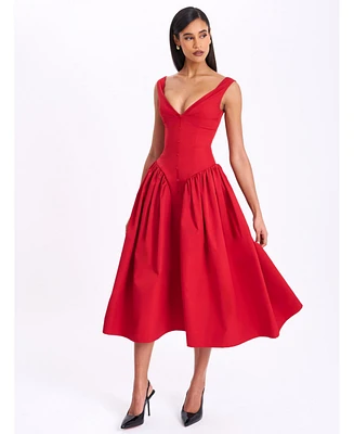 Miss Circle Women's Nahla Red Drop Waist Midi Dress with Buttons