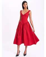 Miss Circle Women's Nahla Red Drop Waist Midi Dress with Buttons