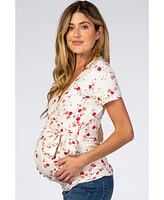 Pinkblush Maternity Ivory Floral Wrap Fitted Maternity/Nursing Top