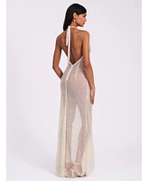Miss Circle Women's Zahya Lime Halter Backless Beaded Mesh Gown