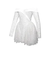 Miss Circle Women's Kira Bead Embroidered Mesh Off Shoulder Long Sleeve Mini Dress