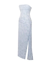 Miss Circle Women's Xatia Baby Blue Jacquard Textured High Slit Maxi Dress
