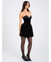Miss Circle Women's Nora Black Velvet Drop Waist Corset Puffy Mini Dress with Lace Trim