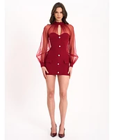 Miss Circle Women's Tabitha Burgundy Mesh Lantern Sleeve Mini Dress