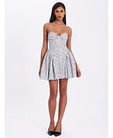 Miss Circle Women's Melody Black and White Plaid Tweed Halter Drop Waist Mini Dress