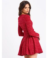 Miss Circle Women's Tae Red Tweed Long Sleeve Drop Waist Mini Dress
