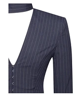 Miss Circle Women's Tahlia Deep V Pinstripes Navy Blue Blazer Dress with scarf collar