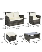 6 Piece Wicker Patio Furniture Set with Ottoman and Tempered Glass Coffee Table