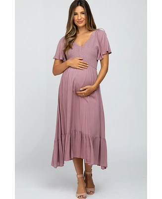 Pinkblush Maternity Mauve Smocked V-Neck Midi Dress