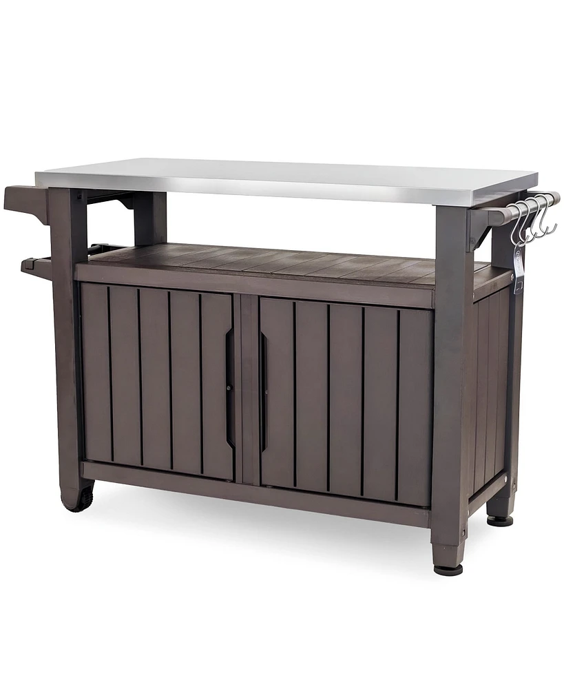 Keter Unity Xl Outdoor Kitchen Rolling Bar Cart with Storage Cabinet, Brown