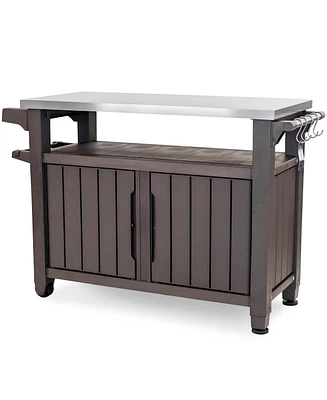 Keter Unity Xl Outdoor Kitchen Rolling Bar Cart with Storage Cabinet, Brown