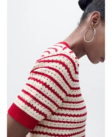 Mango Women's Striped Short Sleeve Crochet Sweater