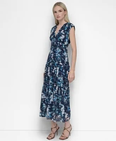Dkny Women's Printed V-Neck Empire-Waist Tiered Midi Dress