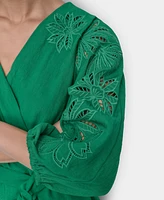 Dkny Petite Faux-Wrap Embroidered-Sleeve Fit & Flare Dress