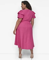 Dkny Plus Surplice Flutter-Sleeve Fit & Flare Dress