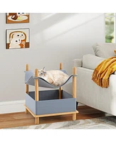 2-Tier Wooden Cat House with Semi-enclosed Condo and Removable Clothes