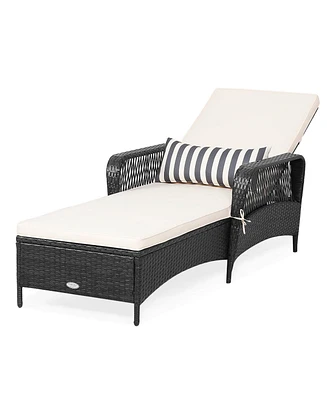 Gymax Adjustable Patio Rattan Lounge Chair Chaise Recliner w/ Cushion & Pillow