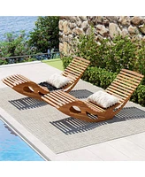 Gymax 2PCS Outdoor Chaise Lounge w/ High Back Slatted Seat Stopper Outside Wood Rocker