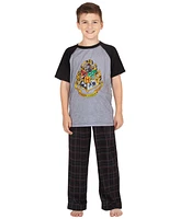 Harry Potter Boys Hogwarts Castle Crest 2 Pc Raglan Plaid Pajama Pant Set