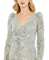 Mac Duggal Women's Embroidered Wrap Over Puff Sleeves Trumpet Gown