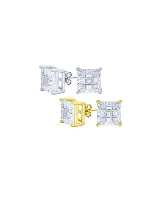 Bling Jewelry Set of 2 Invisible Cut Square Cz Checkboard Stud Earrings Black Plated Silver