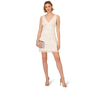 Adrianna Papell Women's Beaded Mesh V-Neck A-Line Dress