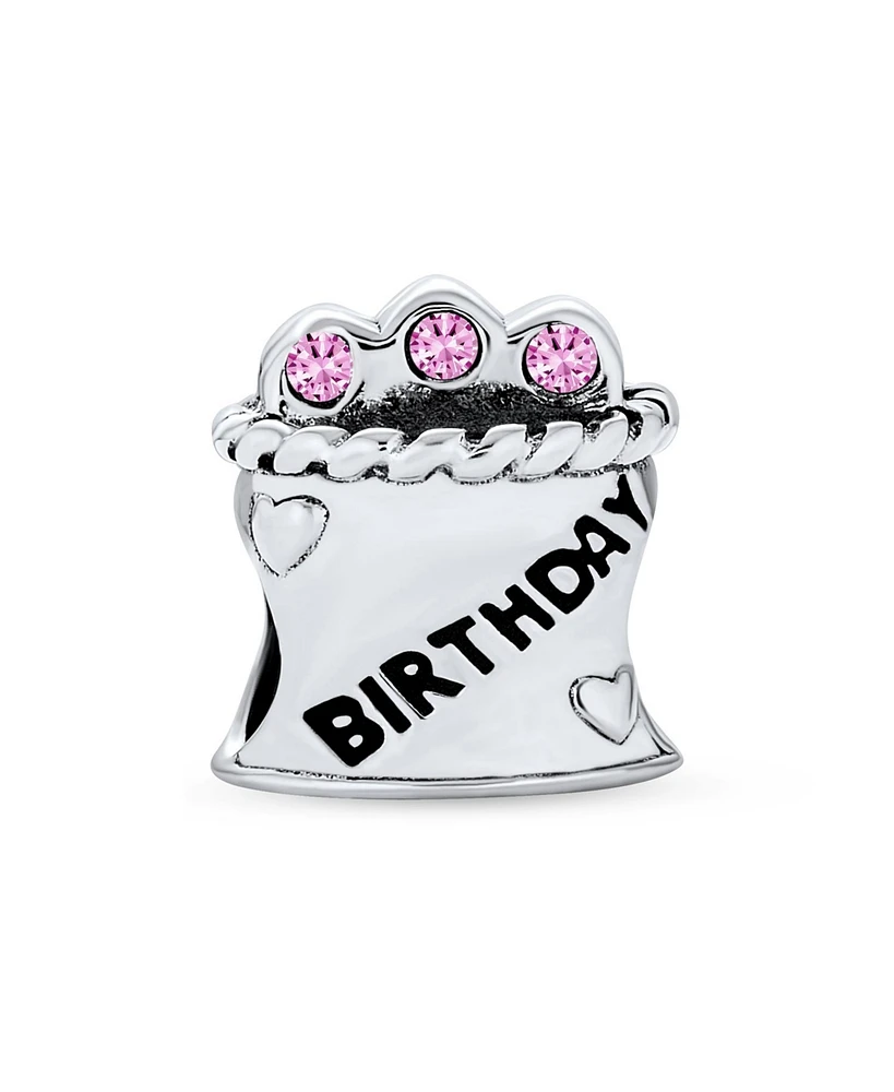 Bling Jewelry Pink Cz Candles Cup Cake Words Happy Birthday Cake Charm Bead Oxidized .925 Sterling Silver Fits European Bracelet
