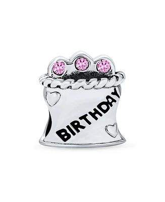 Bling Jewelry Pink Cz Candles Cup Cake Words Happy Birthday Cake Charm Bead Oxidized .925 Sterling Silver Fits European Bracelet