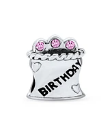 Bling Jewelry Pink Cz Candles Cup Cake Words Happy Birthday Cake Charm Bead Oxidized .925 Sterling Silver Fits European Bracelet