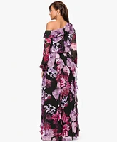 Xscape Women's Printed Asymmetrical Long-Sleeve Maxi Dress