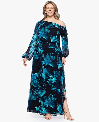 Xscape Plus Printed Asymmetrical-Neckline Long Dress