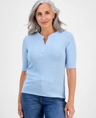 Style & Co Petite Pointelle Elbow-Sleeve Henley Knit Top, Exclusively at Macy's