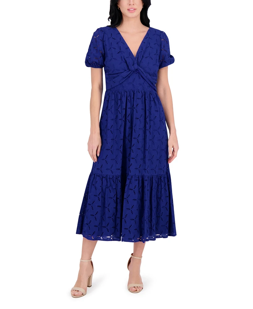 kensie Women's Short-Sleeve Eyelet Midi Dress