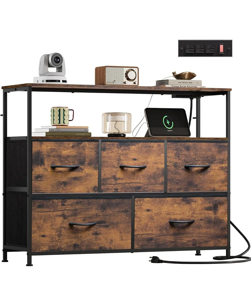 5-Drawer Dresser with Charging Station for Bedroom, Living Room, Closet, Entryway, Fabric Chest of Drawers Open Shelves, Rustic Brown Wood Grain
