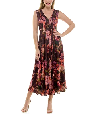 Taylor Women's Chiffon Printed V-Neck Midi Dress