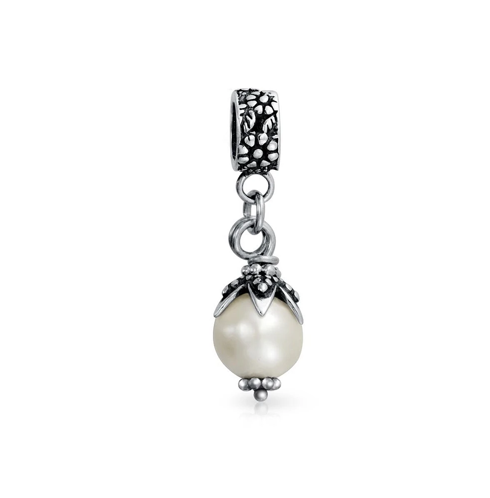 Bling Jewelry Leaf Cap White Simulated Pearl Dangle Charm Bead .925 Sterling Silver Fits European Bracelet