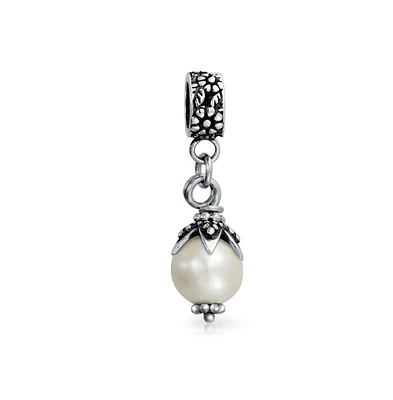 Bling Jewelry Leaf Cap White Simulated Pearl Dangle Charm Bead .925 Sterling Silver Fits European Bracelet