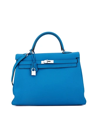 Pre-Owned Hermes Kelly 35 Handbag Blue Clemence with Palladium Hardware