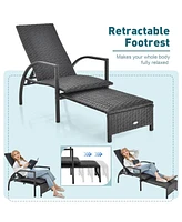 Gymax Outdoor Chaise Lounge Rattan Recliner w/ Retractable Ottoman for Patio