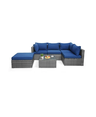 6 Pieces Outdoor Rattan Sofa Set with Seat and Back Cushions
