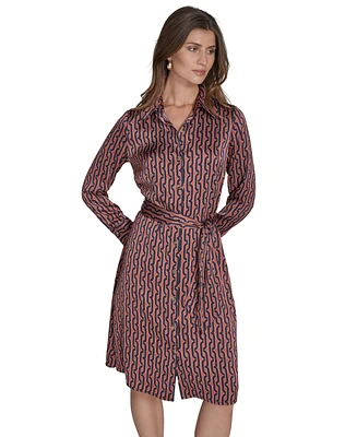 Halston Women's Printed Satin Belted Long-Sleeve Shirtdress