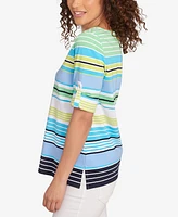 Ruby Rd. Petite Multi Stripe Roll Tab Sleeve T Shirt
