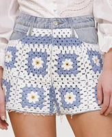 Avec Les Filles Women's Crochet-Front Denim Cutoff Shorts