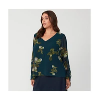 Summit Bloom Navy Flroal V-Neck Long Sleeve Top