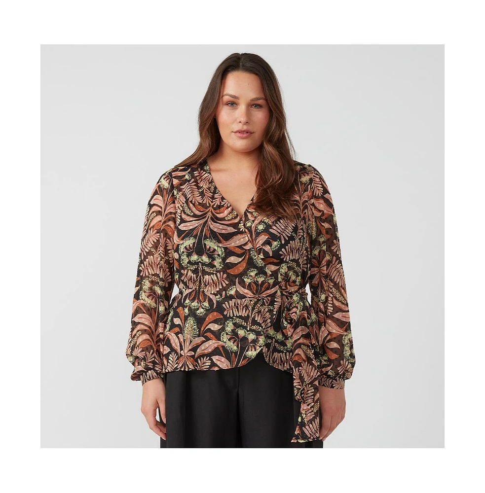 Thalia Blooms Neutral Beige Floral Long Sleeve Wrap Top
