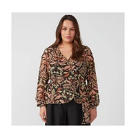 Thalia Blooms Neutral Beige Floral Long Sleeve Wrap Top