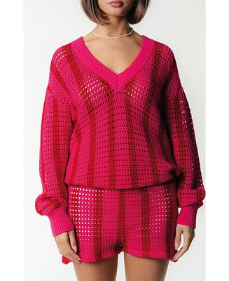 Colourful Rebel Women's Lizza Crochet Stripe V-Neck Sweater