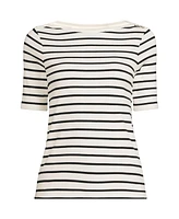 Lands' End Women's Tall Supima Cotton Elbow Sleeve Boatneck Button Shoulder Tee