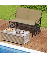 Slickblue Patio Glider Bench with Curved Teak Armrests and Breathable Fabric Seat for 2 People